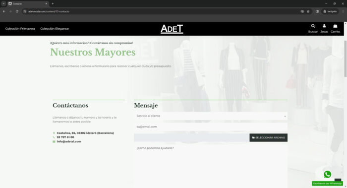 web contacto adetmoda.com - creacion web tienda online de ropa al por mayor