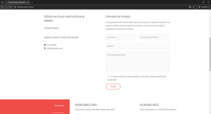 pagina web contacto balearlex.com - Despacho de abogados en Las Islas Baleares