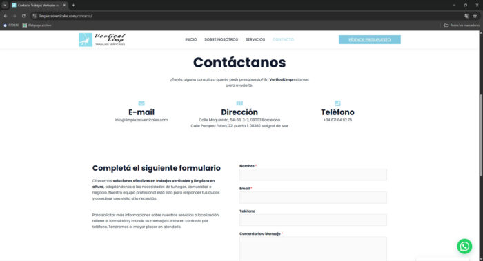pagina web contacto limpiezasverticales.com - Trabajos verticales y limpieza en altura